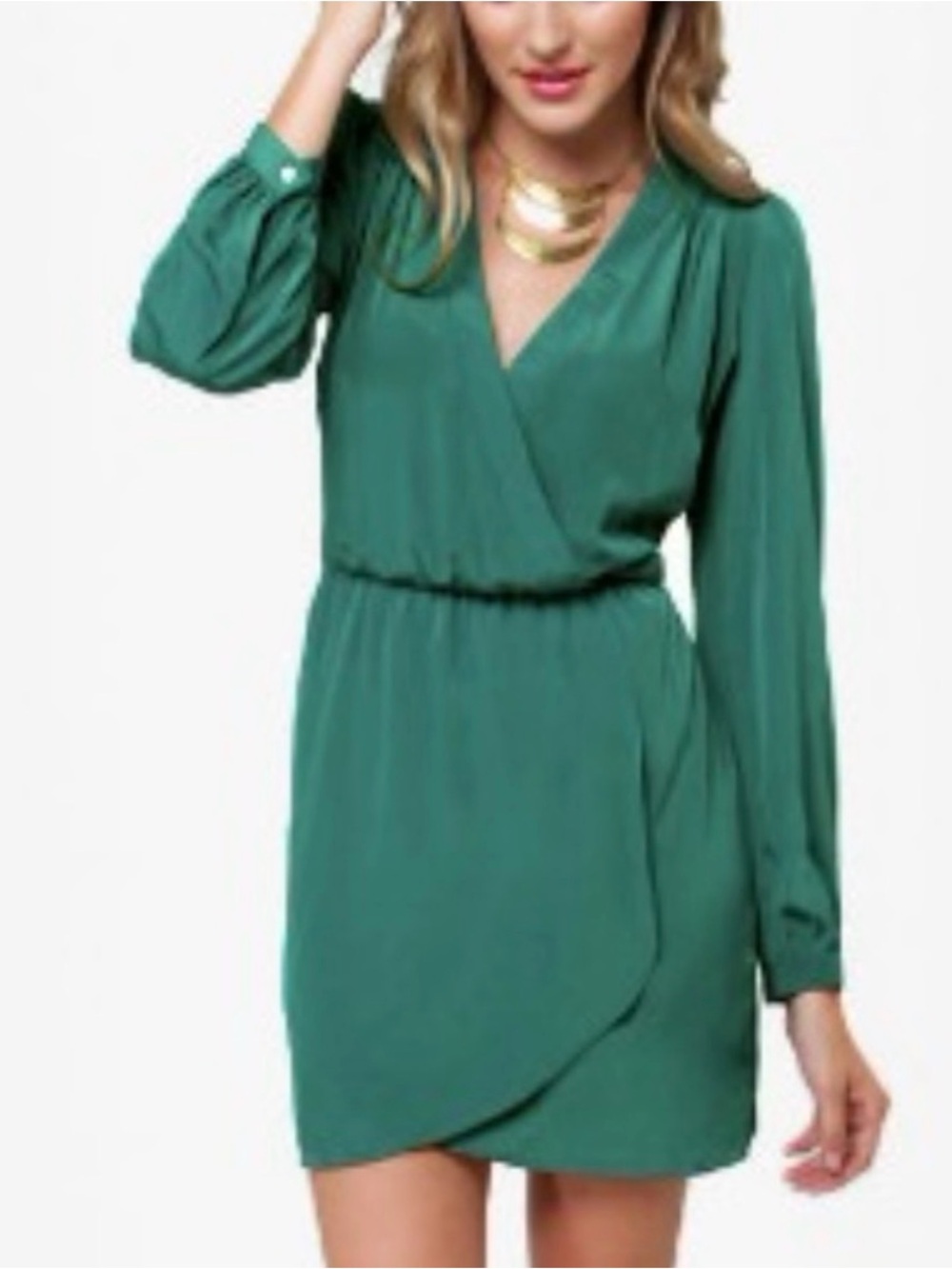 Honey Punch Teal Wrap Long-Sleeve Mini Dress